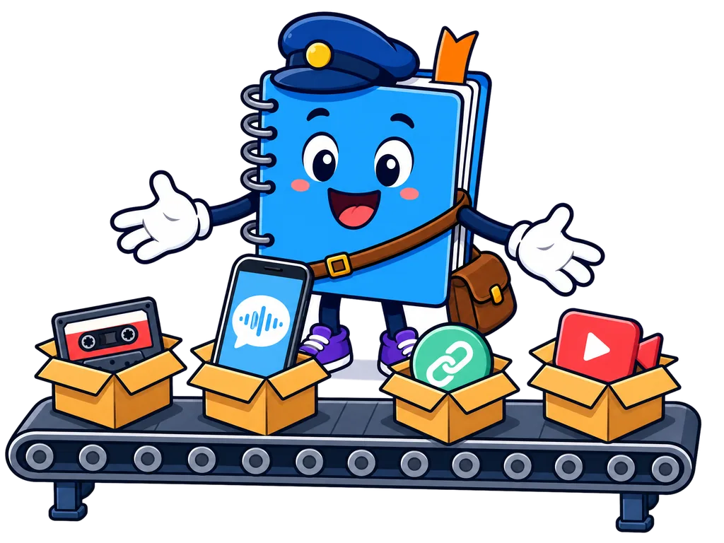 Маскот Bloknot принимает посылки с кассетой, голосовым, ссылкой и видео на конвейере